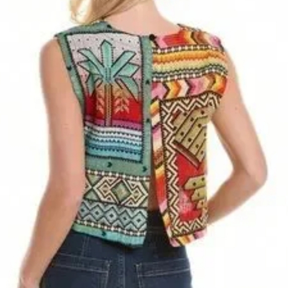 Farm Rio Colorful Geometric Patterned Linen Crop Top Size Small Boho Trendy - Picture 8 of 8